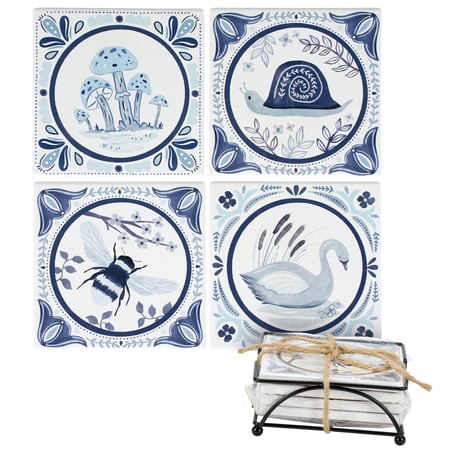 Indigo Tiles Coaster Set - Stone, Metal, Cork