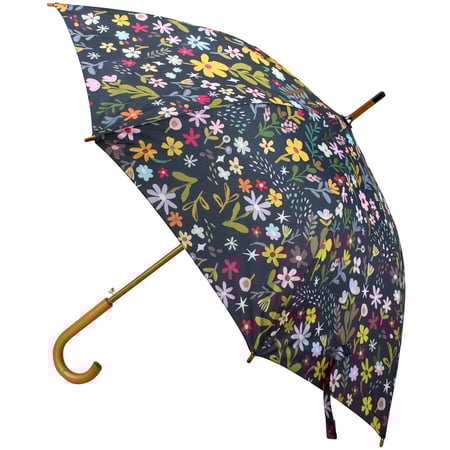 Dark Floral Umbrella - Pongee, Wood, Fiberglass, Metal