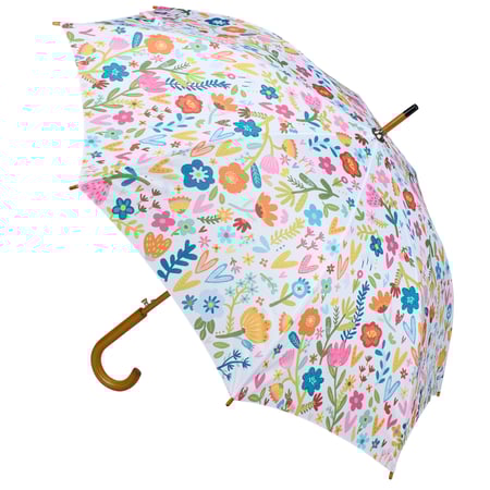 White Floral Umbrella - Pongee, Wood, Fiberglass, Metal