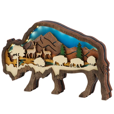 Lighted Bison Sitter - Wood, Plastic, Lights