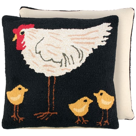 Hooked Chicken & Chicks Pillow - Cotton, Zipper