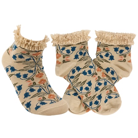 Fall Folk Blue Floral Socks - Cotton, Nylon, Spandex