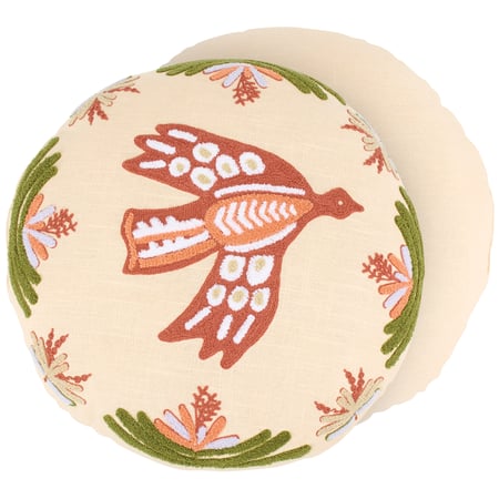 Round Folk Art Bird Pillow - Cotton