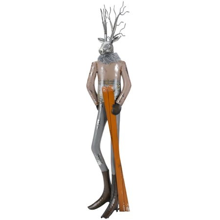 Skier Reindeer Sitter - Metal, Faux Fur, Glitter
