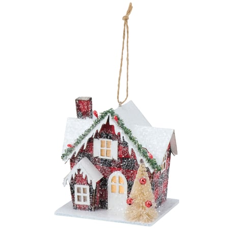 Lighted Plaid House Ornament - Paper, Plastic, Light, Mica, Jute