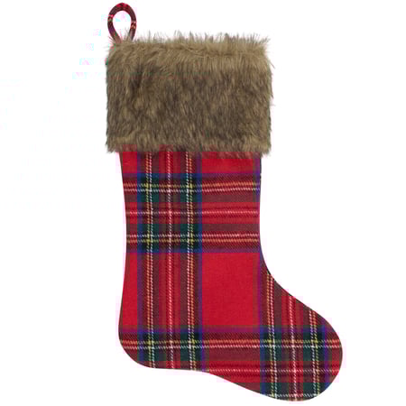 Cabin Christmas Red Plaid Stocking - Polyester, Faux Fur