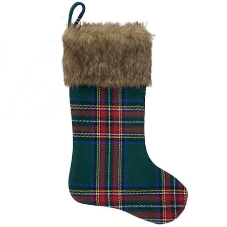Cabin Christmas Plaid Stocking - Polyester, Faux Fur