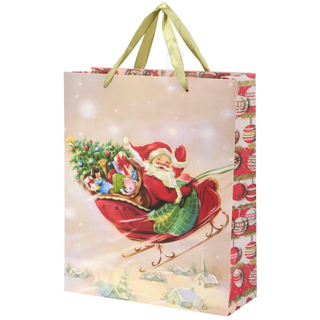 Retro Santa Medium Gift Bag - Paper, Ribbon