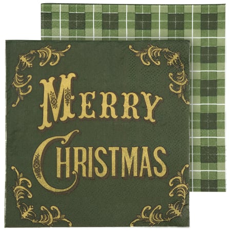 Merry Christmas Plaid Beverage Napkin - Paper