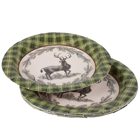Green Plaid Deer Toile Plate Lg - Paper