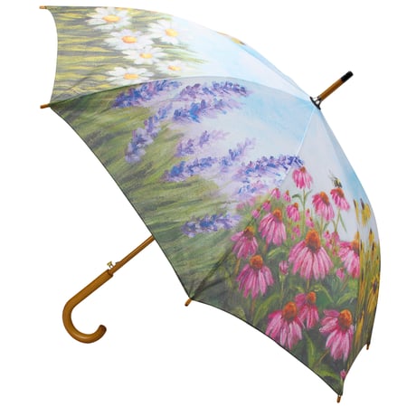 Painted Floral Umbrella - Pongee, Wood, Fiberglass, Metal