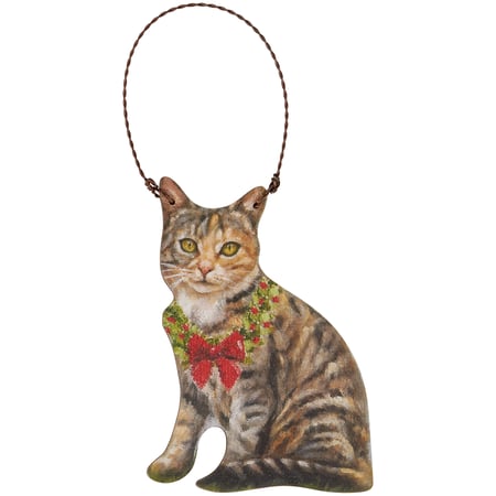 Tabby Cat Scarf Ornament - Wood, Paper, Wire