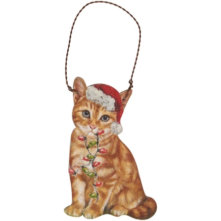 Orange Cat Santa Ornament - Wood, Paper, Wire