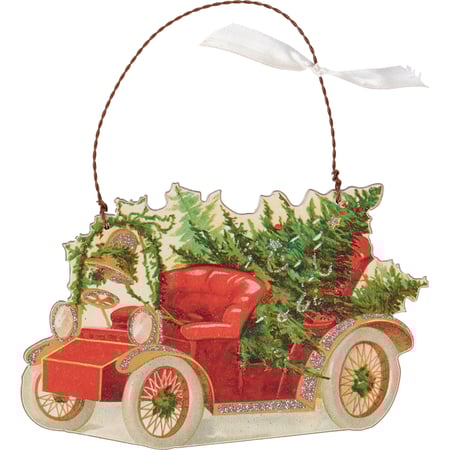 Vintage Car Ornament - Wood, Paper, Wire, Glitter, Ribbon
