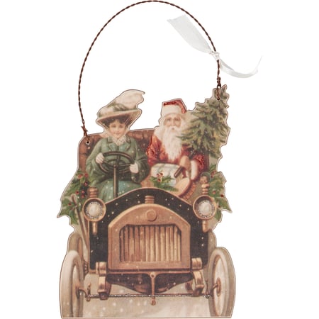 Vintage Santa Car Ornament - Wood, Paper, Wire, Glitter, Ribbon