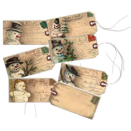 Vintage Frosty Gift Tag Set - Wood, Paper, Cord, Glitter