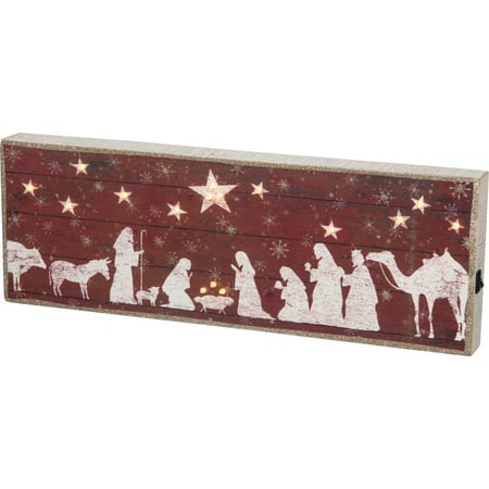 Nativity Scene Lighted Box Sign - Wood, Paper, Lights, Glitter