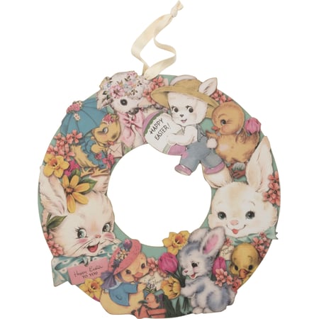 Happy Easter Wreath - Wood, Paper, Cotton