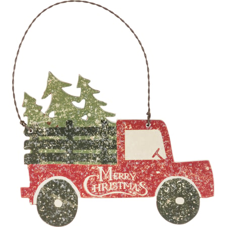 Tree And Truck Merry Christmas Ornament - Wood, Paper, Wire, Mica