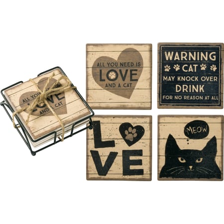 All You Need Is Love And A Cat Coaster Set - Stone, Metal, Cork