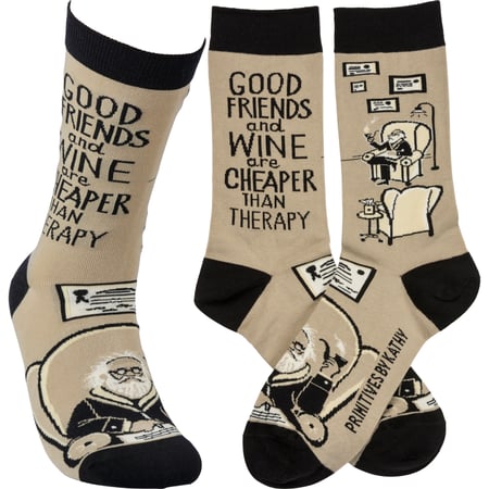 Friends & Wine Cheaper Than Therapy Socks - Cotton, Nylon, Spandex